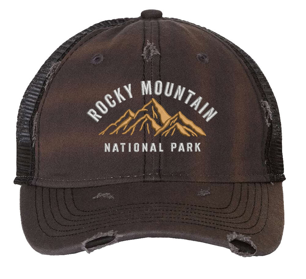 Distressed Rocky Mountain National Park trucker hat with mesh back, strapback, and mountain embroidery.