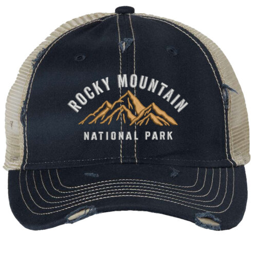Distressed Rocky Mountain National Park trucker hat with mesh back, strapback, and mountain embroidery.