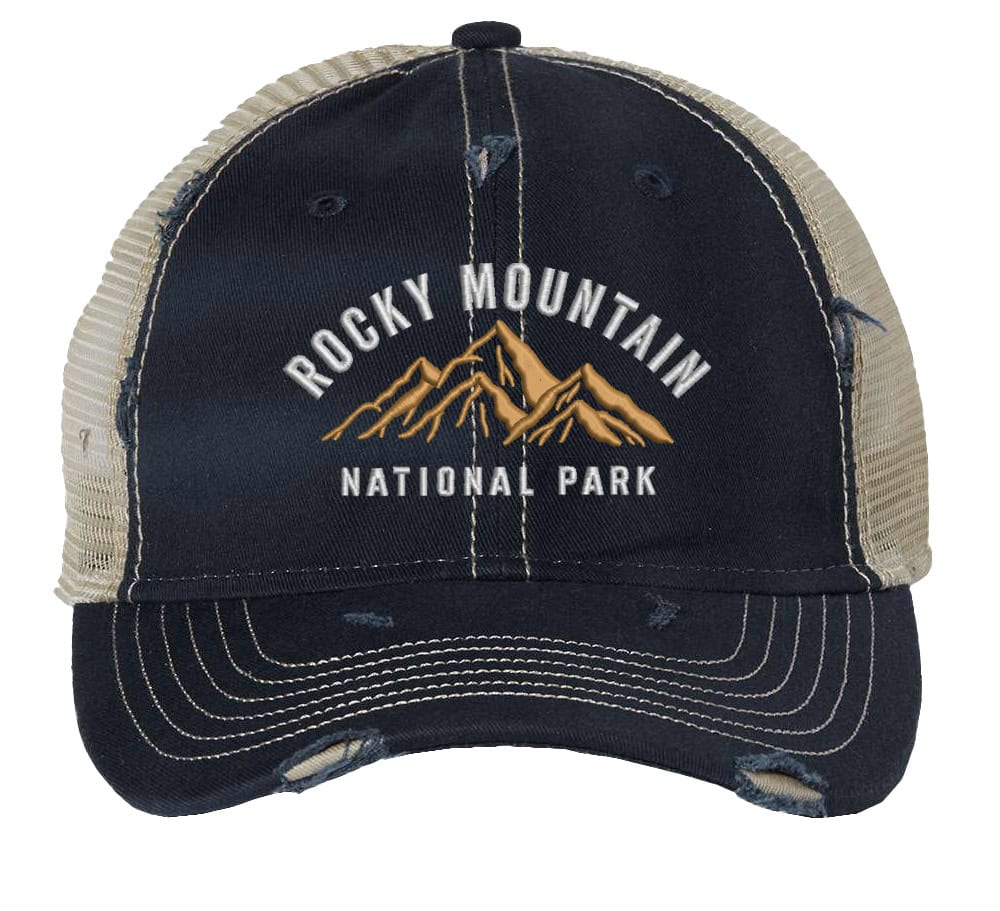 Distressed Rocky Mountain National Park trucker hat with mesh back, strapback, and mountain embroidery.