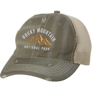 Distressed Rocky Mountain National Park trucker hat with mesh back, strapback, and mountain embroidery.