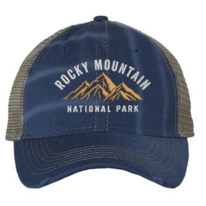 Distressed Rocky Mountain National Park trucker hat with mesh back, strapback, and mountain embroidery.