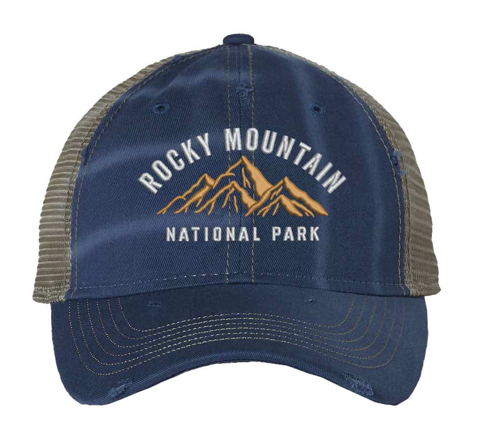 Distressed Rocky Mountain National Park trucker hat with mesh back, strapback, and mountain embroidery.