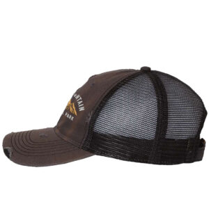 Distressed Rocky Mountain National Park trucker hat with mesh back, strapback, and mountain embroidery.