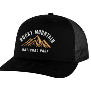 Classic structured Rocky Mountain trucker hat with mesh back, snapback, and embroidered mountain and park name.
