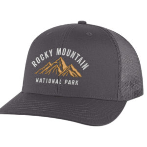 Classic structured Rocky Mountain trucker hat with mesh back, snapback, and embroidered mountain and park name.