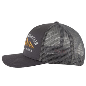 Classic structured Rocky Mountain trucker hat with mesh back, snapback, and embroidered mountain and park name.