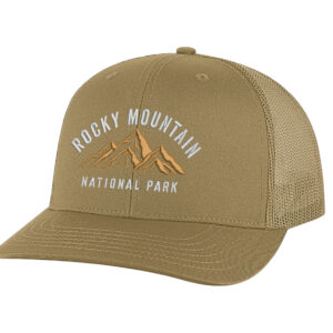 Classic structured Rocky Mountain trucker hat with mesh back, snapback, and embroidered mountain and park name.