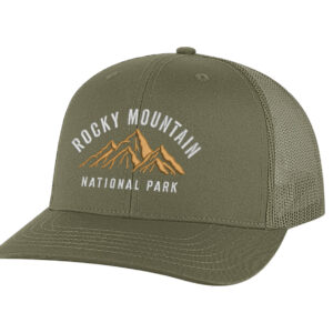 Classic structured Rocky Mountain trucker hat with mesh back, snapback, and embroidered mountain and park name.