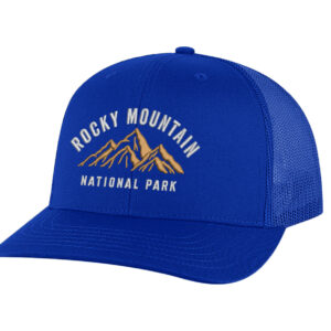 Classic structured Rocky Mountain trucker hat with mesh back, snapback, and embroidered mountain and park name.