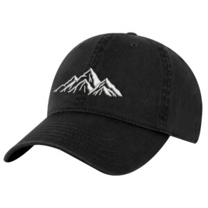 100% cotton mountain hat with embroidered mountain outline and strapback