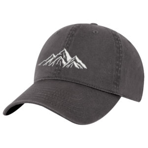 100% cotton mountain hat with embroidered mountain outline and strapback