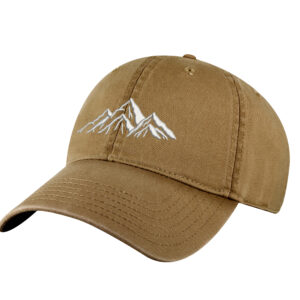 100% cotton mountain hat with embroidered mountain outline and strapback