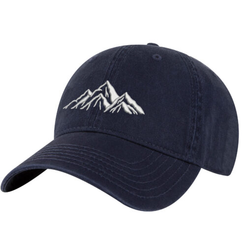 100% cotton mountain hat with embroidered mountain outline and strapback