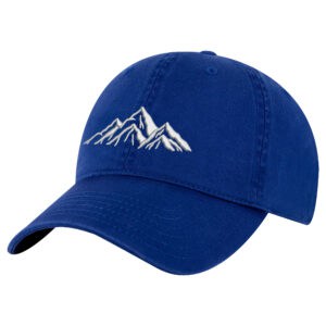 100% cotton mountain hat with embroidered mountain outline and strapback
