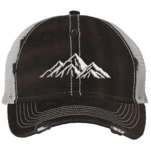 Embroidered distressed hiking cap with mesh back and mountain outline design