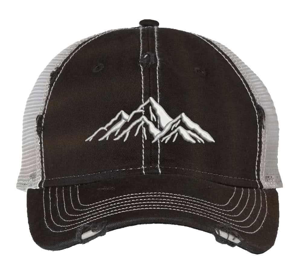 Embroidered distressed hiking cap with mesh back and mountain outline design