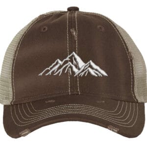 Embroidered distressed hiking cap with mesh back and mountain outline design