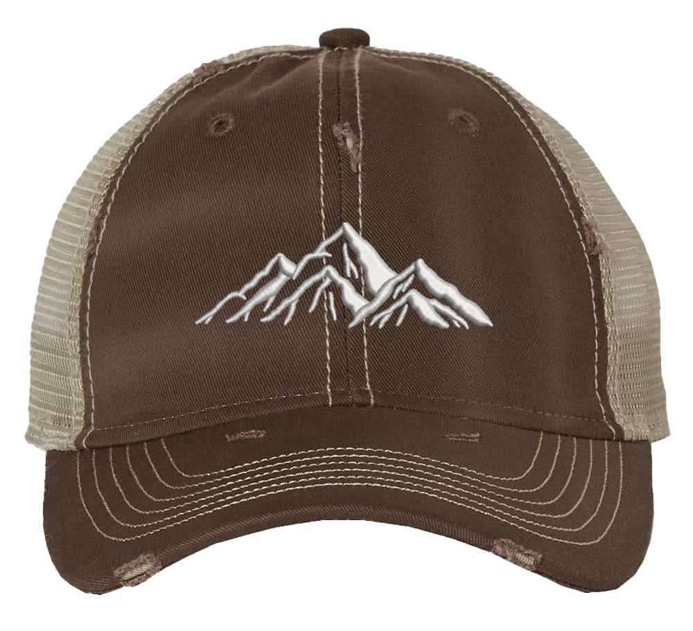 Embroidered distressed hiking cap with mesh back and mountain outline design