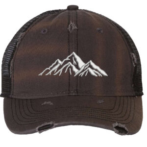 Embroidered distressed hiking cap with mesh back and mountain outline design