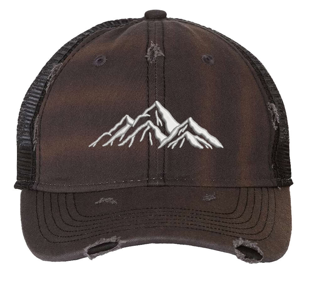 Embroidered distressed hiking cap with mesh back and mountain outline design