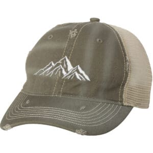 Embroidered distressed hiking cap with mesh back and mountain outline design