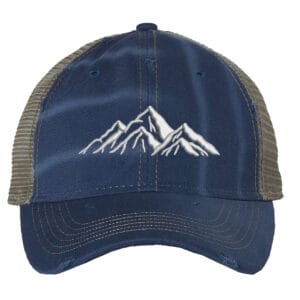 Embroidered distressed hiking cap with mesh back and mountain outline design