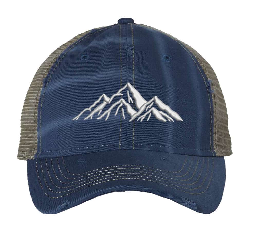 Embroidered distressed hiking cap with mesh back and mountain outline design