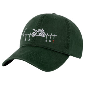 "Motorcycle baseball cap in black cotton with embroidered street bike and heartbeat design, featuring adjustable strapback closure"