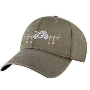 "Motorcycle baseball cap in black cotton with embroidered street bike and heartbeat design, featuring adjustable strapback closure"