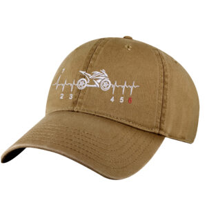 "Motorcycle baseball cap in black cotton with embroidered street bike and heartbeat design, featuring adjustable strapback closure"
