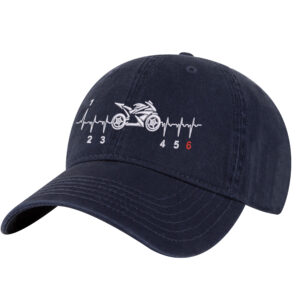 Motorcycle baseball cap in black cotton with embroidered street bike and heartbeat design, featuring adjustable strapback closure