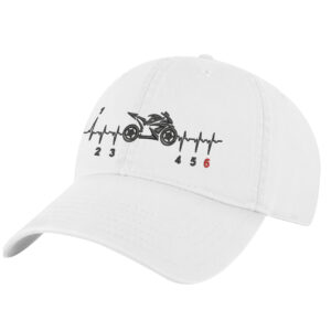 "Motorcycle baseball cap in black cotton with embroidered street bike and heartbeat design, featuring adjustable strapback closure"