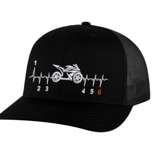Motorcycle trucker hat with black structured front, mesh back panel, and embroidered street bike heartbeat design with snapback closure