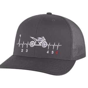 "Motorcycle trucker hat with black structured front, mesh back panel, and embroidered street bike heartbeat design with snapback closure"