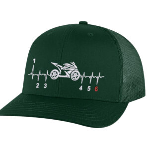 "Motorcycle trucker hat with black structured front, mesh back panel, and embroidered street bike heartbeat design with snapback closure"