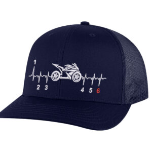"Motorcycle trucker hat with black structured front, mesh back panel, and embroidered street bike heartbeat design with snapback closure"