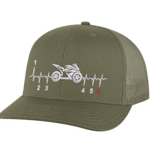 "Motorcycle trucker hat with black structured front, mesh back panel, and embroidered street bike heartbeat design with snapback closure"