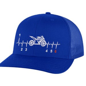 "Motorcycle trucker hat with black structured front, mesh back panel, and embroidered street bike heartbeat design with snapback closure"