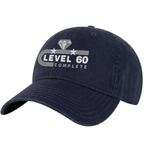 60th anniversary baseball hat in cotton with embroidered Level 60 Completed text, diamond centerpiece and stars design, featuring strapback closure
