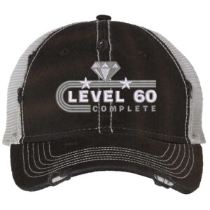 "60th anniversary trucker hat with unstructured front, mesh back, and embroidered Level 60 Completed design featuring diamond and stars with snapback closure"