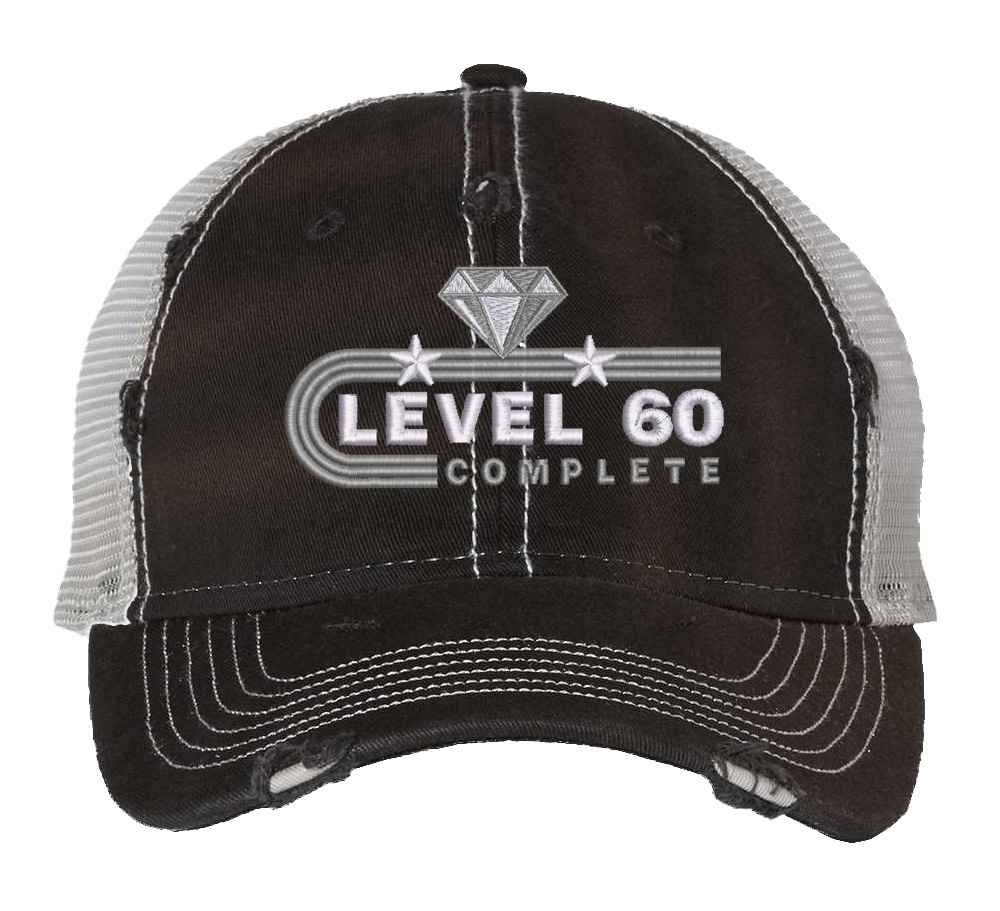 60th Anniversary Trucker Hat - Level 60 Completed Embroidered Mesh Snapback 2 "60th anniversary trucker hat with unstructured front, mesh back, and embroidered Level 60 Completed design featuring diamond and stars with snapback closure"