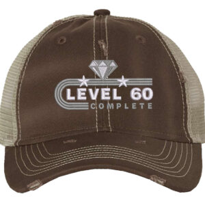 "60th anniversary trucker hat with unstructured front, mesh back, and embroidered Level 60 Completed design featuring diamond and stars with snapback closure"