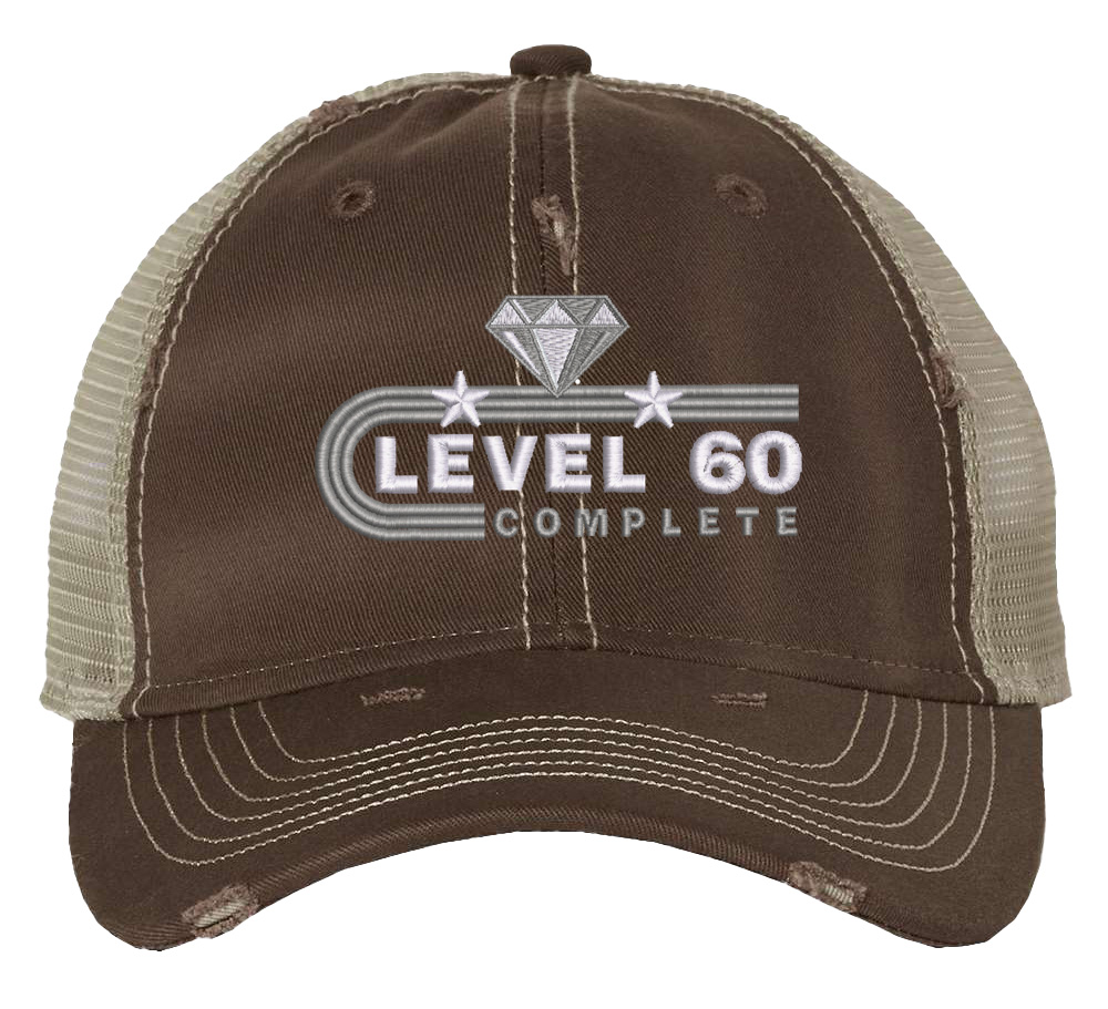 60th Anniversary Trucker Hat - Level 60 Completed Embroidered Mesh Snapback 4 "60th anniversary trucker hat with unstructured front, mesh back, and embroidered Level 60 Completed design featuring diamond and stars with snapback closure"