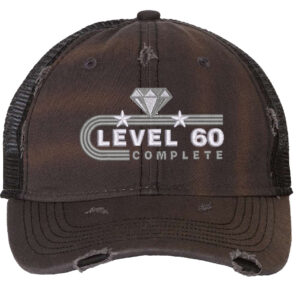 "60th anniversary trucker hat with unstructured front, mesh back, and embroidered Level 60 Completed design featuring diamond and stars with snapback closure"