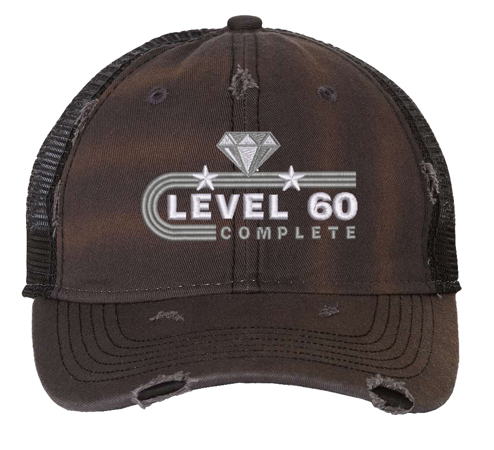 60th Anniversary Trucker Hat - Level 60 Completed Embroidered Mesh Snapback 3 "60th anniversary trucker hat with unstructured front, mesh back, and embroidered Level 60 Completed design featuring diamond and stars with snapback closure"