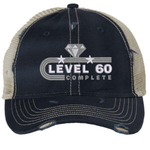 "60th anniversary trucker hat with unstructured front, mesh back, and embroidered Level 60 Completed design featuring diamond and stars with snapback closure"