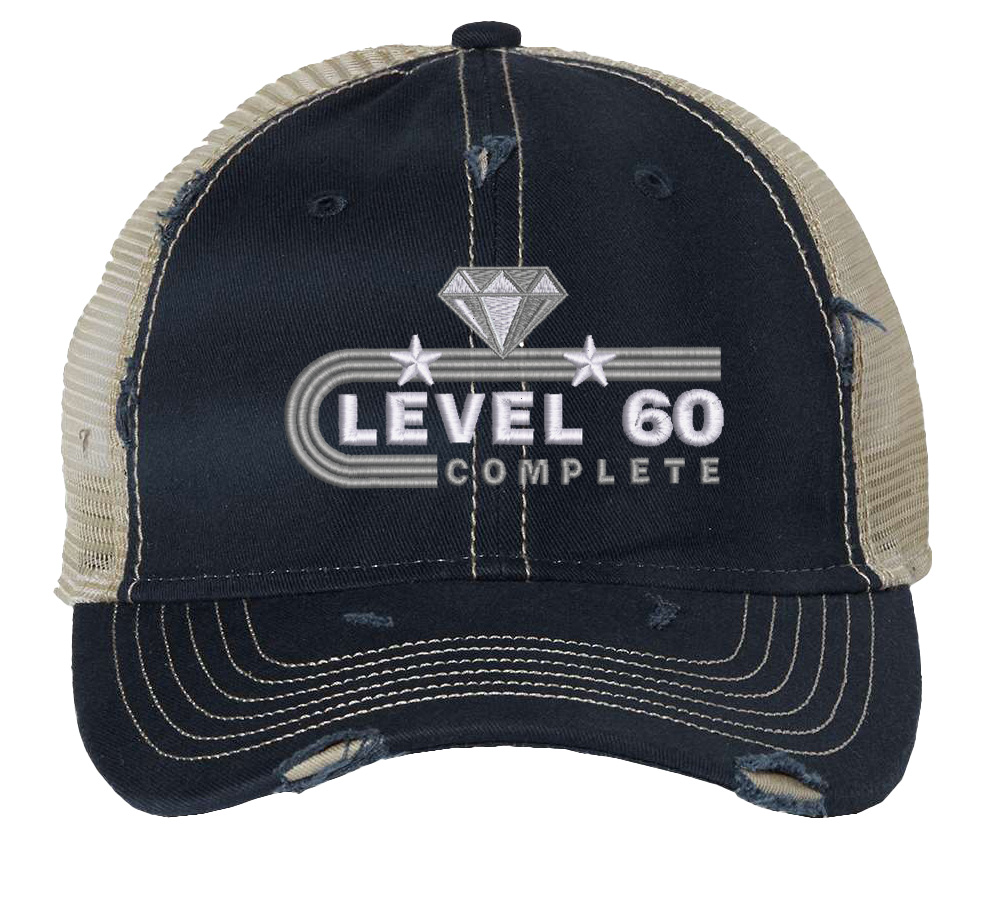 60th Anniversary Trucker Hat - Level 60 Completed Embroidered Mesh Snapback 5 "60th anniversary trucker hat with unstructured front, mesh back, and embroidered Level 60 Completed design featuring diamond and stars with snapback closure"