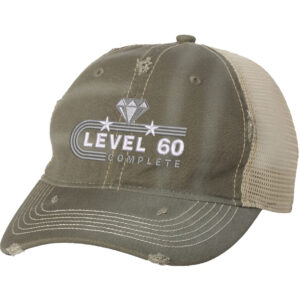 "60th anniversary trucker hat with unstructured front, mesh back, and embroidered Level 60 Completed design featuring diamond and stars with snapback closure"