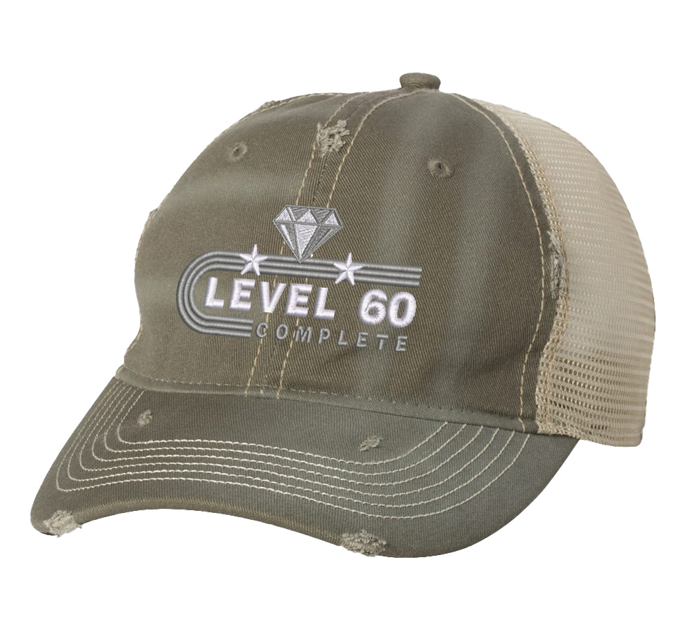 60th Anniversary Trucker Hat - Level 60 Completed Embroidered Mesh Snapback 6 "60th anniversary trucker hat with unstructured front, mesh back, and embroidered Level 60 Completed design featuring diamond and stars with snapback closure"