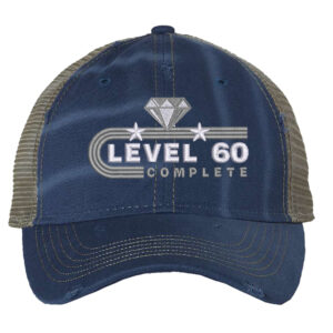 "60th anniversary trucker hat with unstructured front, mesh back, and embroidered Level 60 Completed design featuring diamond and stars with snapback closure"